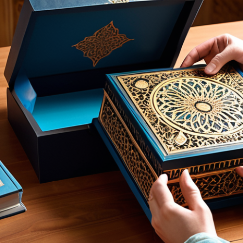 Home 23 A person's hands, expressing childlike joy, carefully open a luxurious, limited-edition 'Teenieping' Blu-ray box. Inside, an ornate art book with intricate, previously unseen character concept art and sketches is revealed, catching the light. The scene emphasizes the tactile experience of holding and browsing high-quality physical collectibles, bathed in warm, inviting light. Subtle elements of Arabic artistic patterns are integrated into the box's design, highlighting its exclusivity.