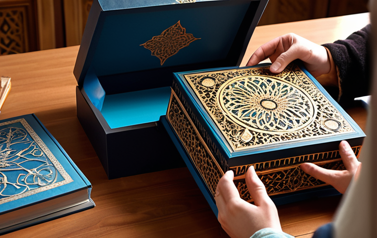 A person's hands, expressing childlike joy, carefully open a luxurious, limited-edition 'Teenieping' Blu-ray box. Inside, an ornate art book with intricate, previously unseen character concept art and sketches is revealed, catching the light. The scene emphasizes the tactile experience of holding and browsing high-quality physical collectibles, bathed in warm, inviting light. Subtle elements of Arabic artistic patterns are integrated into the box's design, highlighting its exclusivity.