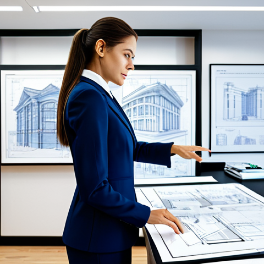 **

"A professional female architect in a fully clothed, modest outfit – a tailored pantsuit – stands in a brightly lit, modern architectural office. She's reviewing blueprints spread across a large table. Perfect anatomy, correct proportions, well-formed hands, proper finger count. The background includes computer monitors displaying architectural renderings and shelves filled with model buildings. Safe for work, appropriate content, fully clothed, professional, family-friendly, natural pose, high quality."

**