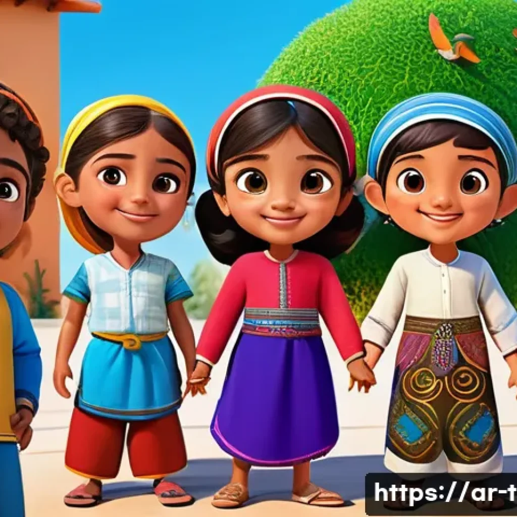 티니핑 제작진의 다음 작품 - A vibrant and colorful animated scene featuring diverse Arabic children characters wearing culturall...