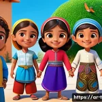 티니핑 제작진의 다음 작품 - A vibrant and colorful animated scene featuring diverse Arabic children characters wearing culturall...