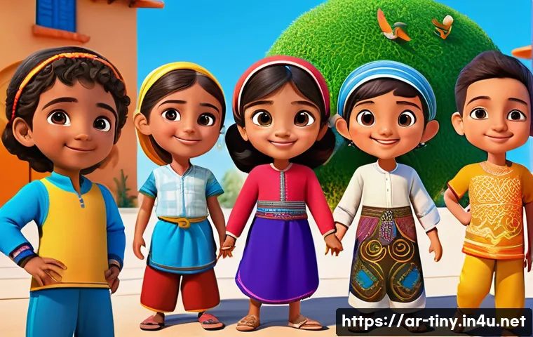티니핑 제작진의 다음 작품 - A vibrant and colorful animated scene featuring diverse Arabic children characters wearing culturall...