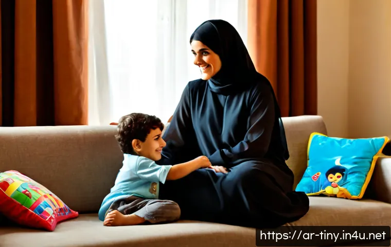 티니핑 주요 시청 연령대 - Photorealistic cozy Arab family living room, a cheerful mother wearing a modest abaya and a young ch...