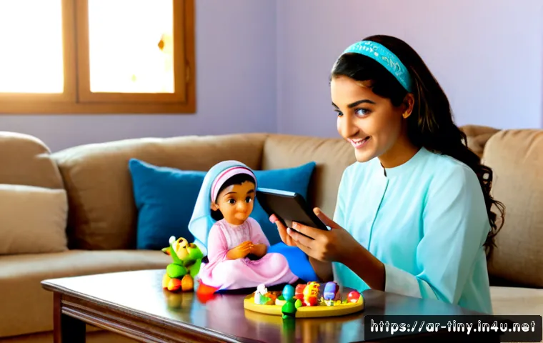 티니핑 애니메이션 완구 연계 - Photorealistic cozy family living room in an Arab home, a smiling young girl wearing modest pastel c...