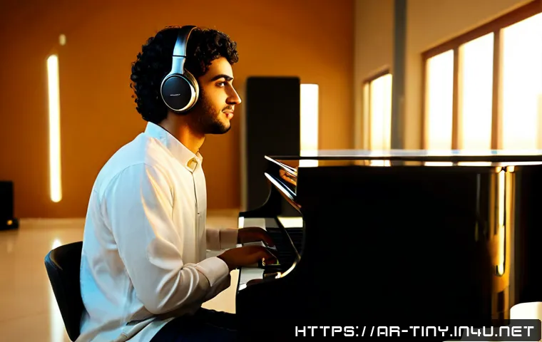 티니핑 OST 작곡가 프로필 - Photorealistic profile-style portrait of a young Arab music composer in a modern Dubai recording stu...